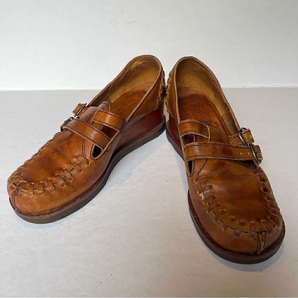 Buskens Women's Chunky Wooden Heel Leather Brown Loafers Size7M Slip on
